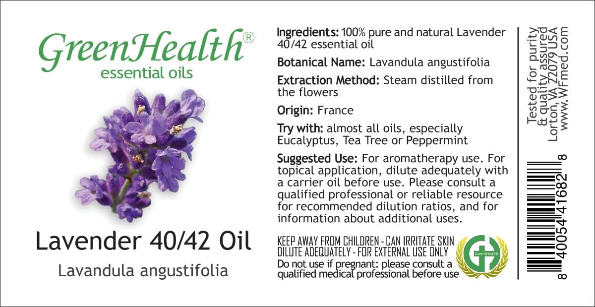 Lavender 40-42 – 4 fl oz (118 ml) Glass Bottle w/Glass Dropper – 100% Pure Essential Oil – GreenHealth