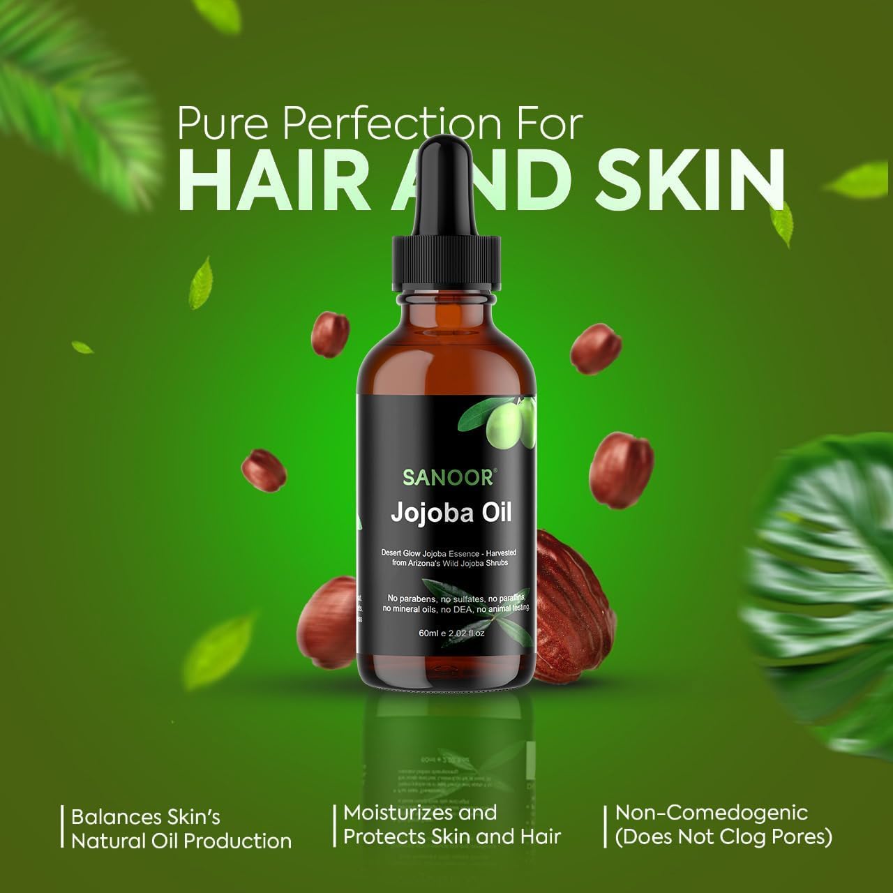 SANOOR Desert Organic Jojoba Oil | 100% Pure (2.02oz) | Cold-Pressed Moisturizer for Skin & Hair Care | Nutrient-Rich Pure Hair Butter | Hydrating Oil for Face, Body, and Scalp | 60ml
