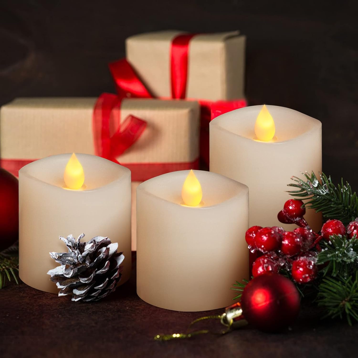 3x3 Flickering Flameless Candles Set of 3, 2AA Battery Life 600 Hours Battery Candles Flickering with Timer,3 inch Flameless Candles with Remote for Indoor/Outdoor, White