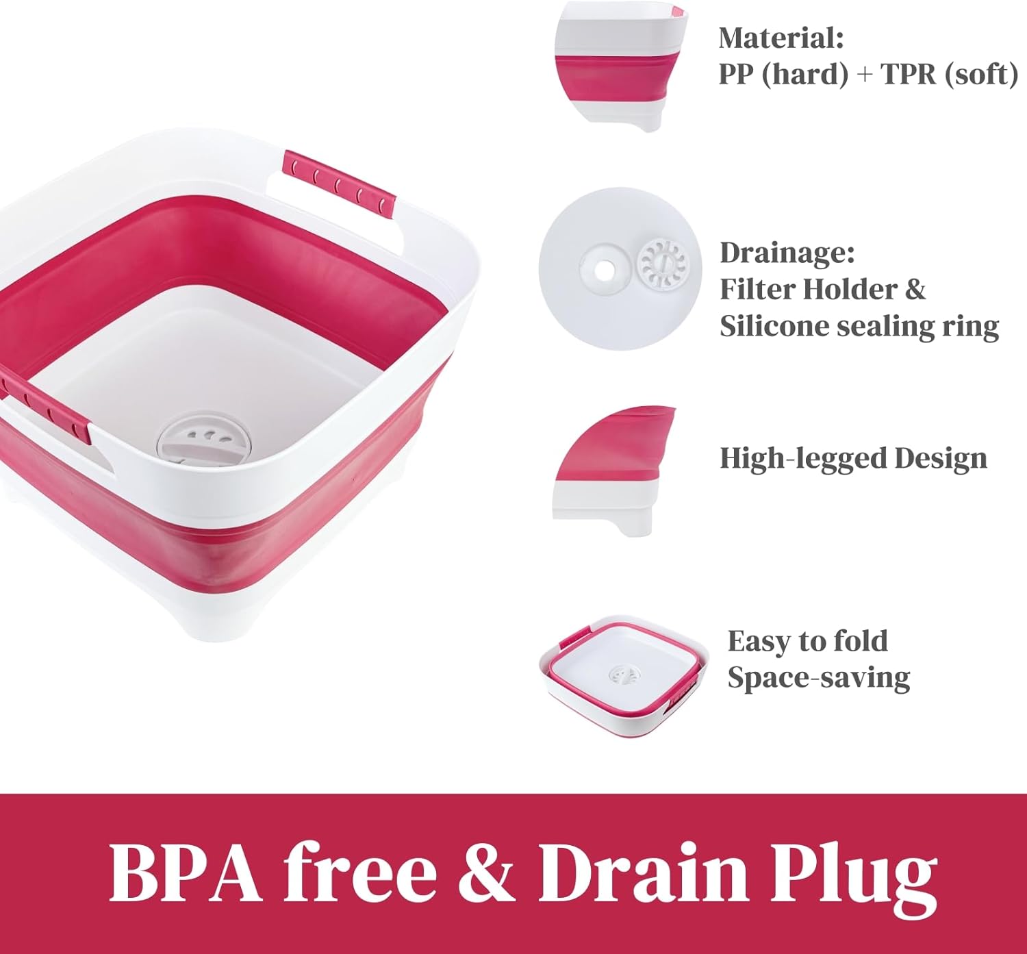 GIMWA 2.6 Gal(10L) Collapsible Camping Sink, Magenta Space-Saving Collapsible Dish Basin with Drain Plug for bottle washing, Collapsible Bucket for RV Essentials and Foot Soaking