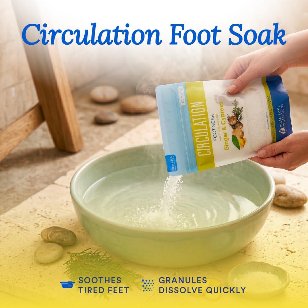 Circulation Foot Soak 32 Ounces (2 Lbs) Epsom Salt with Pure Essential Oils Ginger and Cypress Essential Oils Plus Vitamin C in BPA Free Pouch with Easy Press Lock Seal