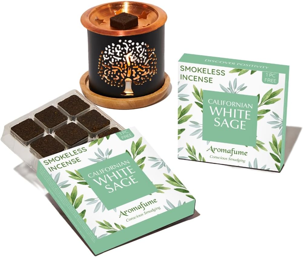 California White Sage Incense Bricks & Tree of Life Exotic Burner by Aromafume | 2x9 Bricks | Sage Incense for Cleansing Negative Energy & Protection | Sage for Smokeless Smudging, Spiritual Cleansing