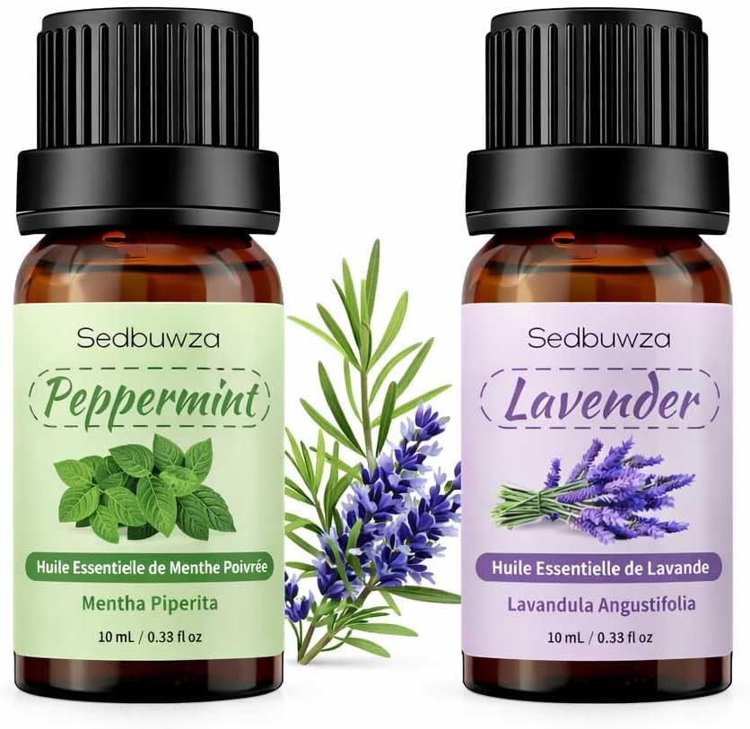 Sedbuwza Lavender Peppermint Essential Oil Set, Lavender Fragrance Oil Peppermint Scent Oil Set for Diffuser, Aromatherapy, Massage, Soap, Candle Making 2 x 10 ml