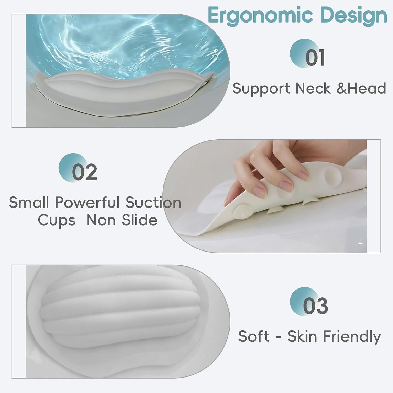 Small Bath Tub Neck Pillow, TPE Waterproof Suction Cups Bathtub Neck Pillow & Cushion, Ultra Thin, Lightweight Quick Drying Bath Accessories Spa Gifts for Women,White (13x9.6x1.6 Inch)