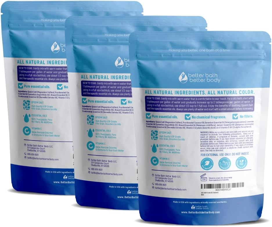 Sitz Bath Salt (3 Pack Soaks Bundle) Hemorrhoid Soothing Sitz Soak USP Grade Epsom Salt 3 Pouches 6 Lbs Total with Pure Essential Oils in BPA Free Pouch with Easy Press Seal Made in USA