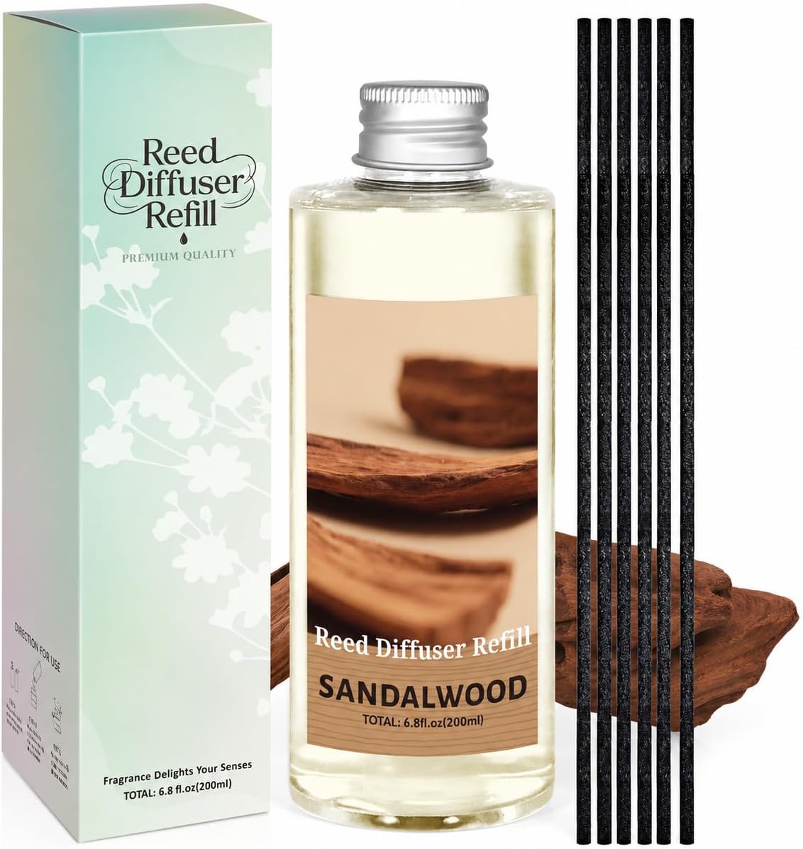 STRN Reed Diffuser Oil Refill, Sandalwood Scented Diffuser Oil Refills with 6 Reed Sticks 200ML(6.8fl.oz), Summer Long-Lasting Fragrance for Living Room, Bedroom, Office, Home Décor