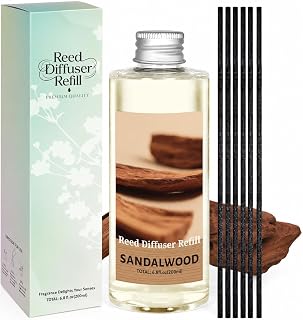 STRN Reed Diffuser Oil Refill, Sandalwood Scented Diffuser Oil Refills with 6 Reed Sticks 200ML(6.8fl.oz), Summer Long-Lasting Fragrance for Living Room, Bedroom, Office, Home Décor