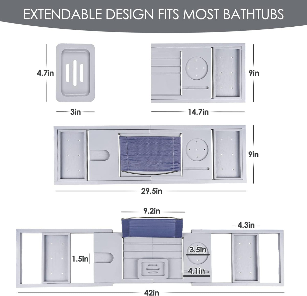 Foldable Bathtub Tray Caddy with Soap Dish Adjustable 29.5-43'' Grey