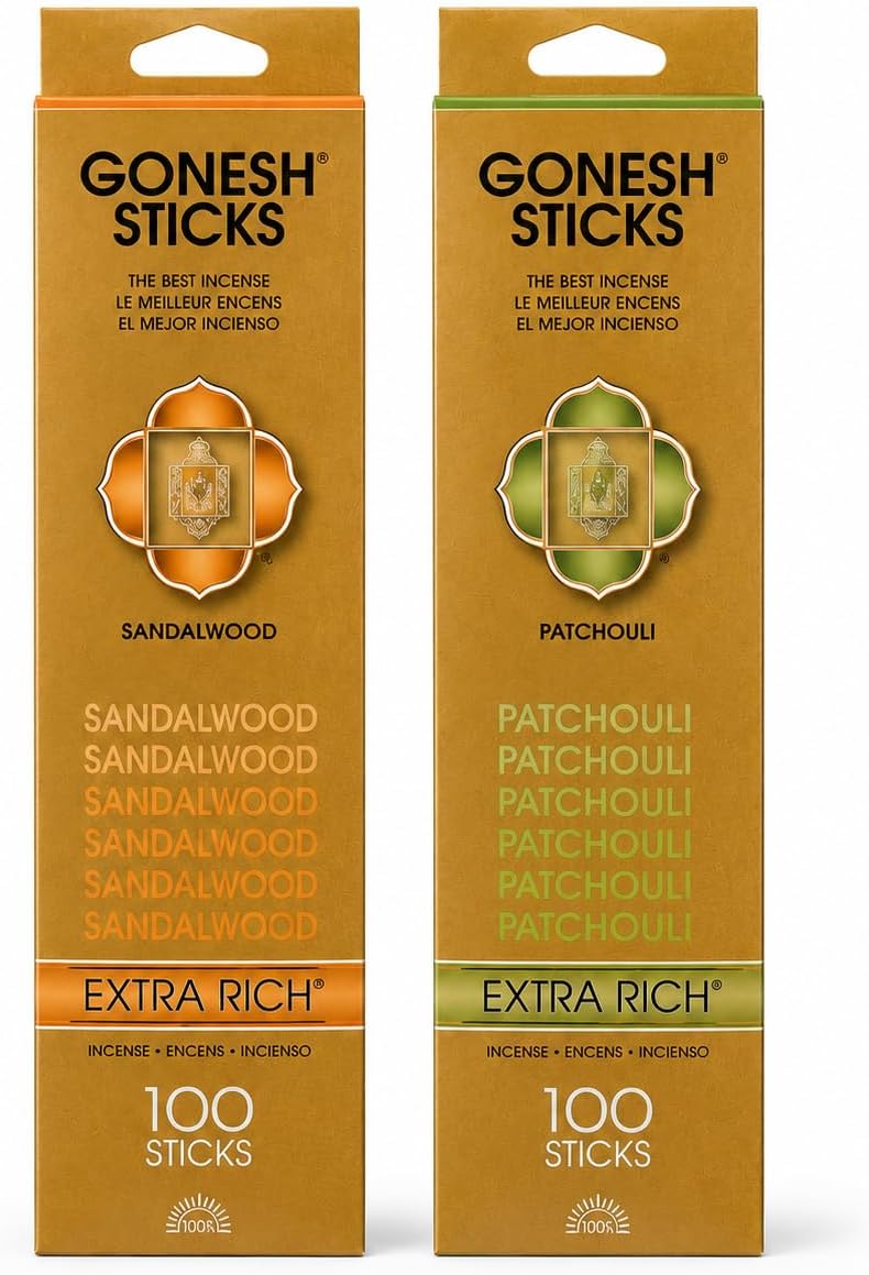 Gonesh Extra Rich Incense Sticks Bundle, Sandalwood & Patchouli, 100 Sticks Each, 2 Pack