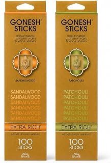 Gonesh Extra Rich Incense Sticks Bundle, Sandalwood & Patchouli, 100 Sticks Each, 2 Pack