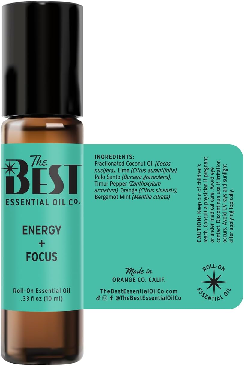 The Best Energy + Focus Essential Oil Roll-On Blend- Premium Grade- Pre-Diluted in Coconut Oil- Ready to Use- 10 ml (.33 fl oz)