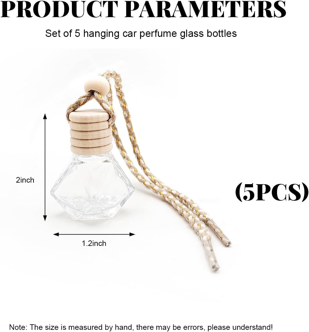 5 PCS Hanging Car Air Freshener, 8ml Empty Clear Glass Perfume Bottle Freshener Diffuser, Essential Oil Fragrance Aromatherapy Bottle Ornament for Car, Interior Car Accessories (Rhombic)