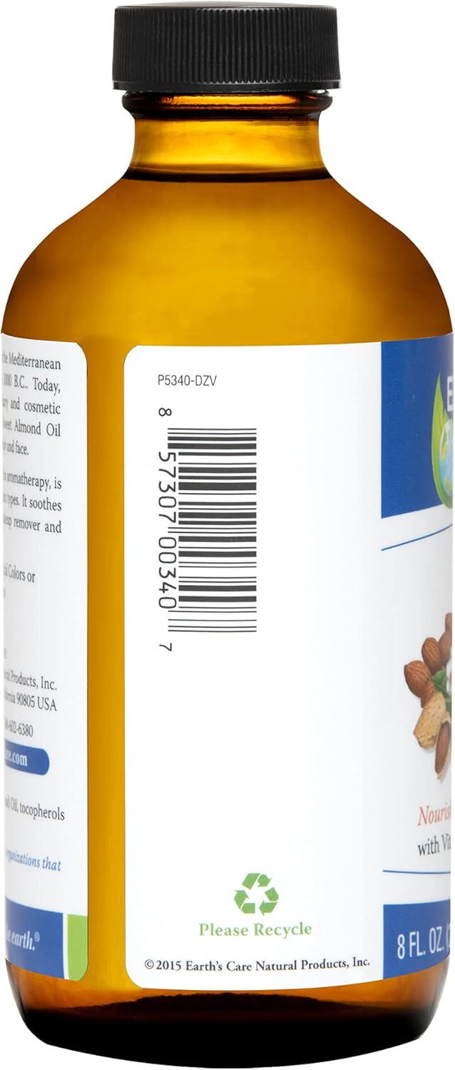 Earth’s Care Sweet Almond Oil - Expeller Pressed Almond Oil for Skin and Hair, Glass Bottle, Unscented, 8 FL. OZ.