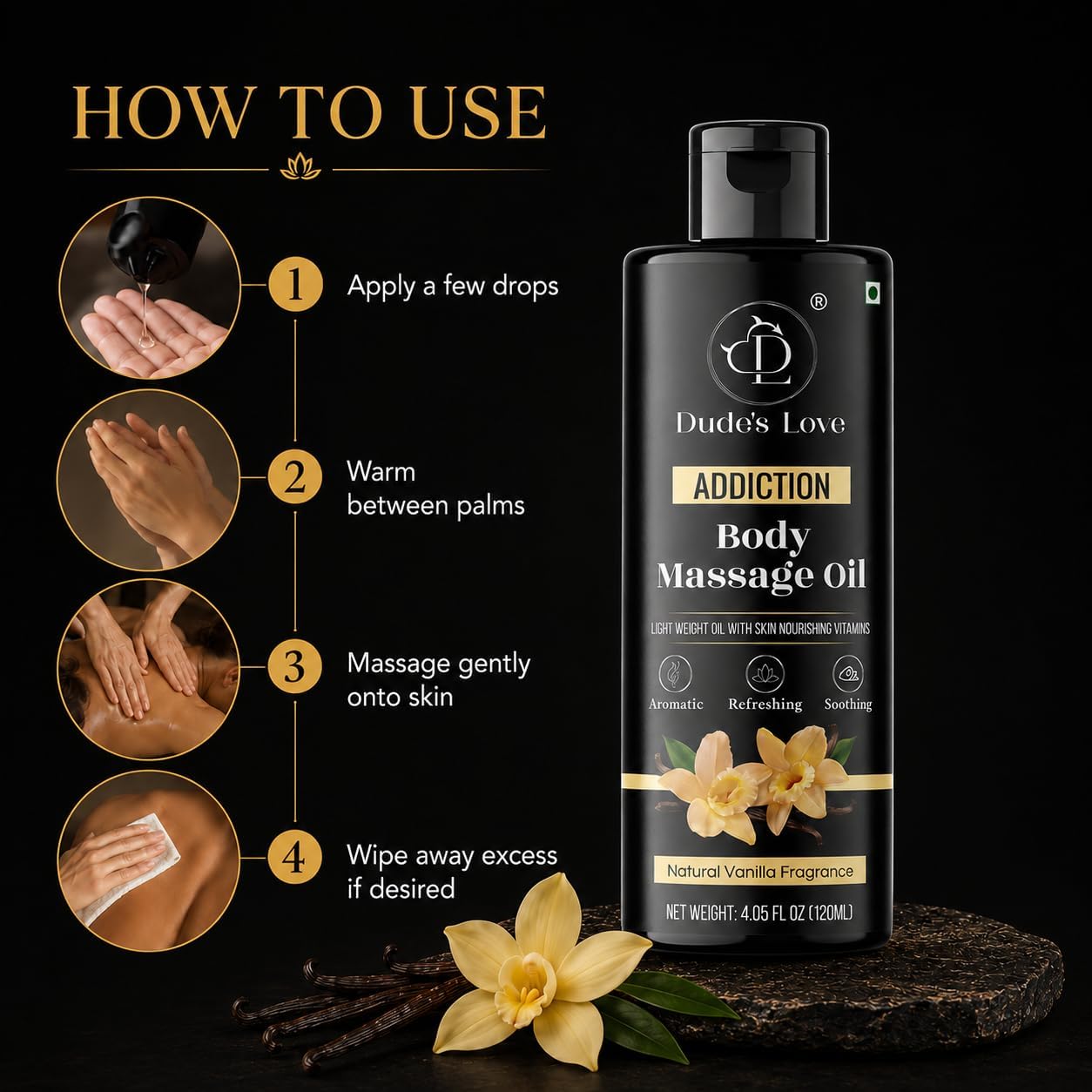 Vanilla Body Massage Oil Organic Non-Sticky Formula with Fractionated Coconut Oil, Vanilla & Jasmine Oil -Light Moisturizing Massage Therapy - 4.05 Fl Oz