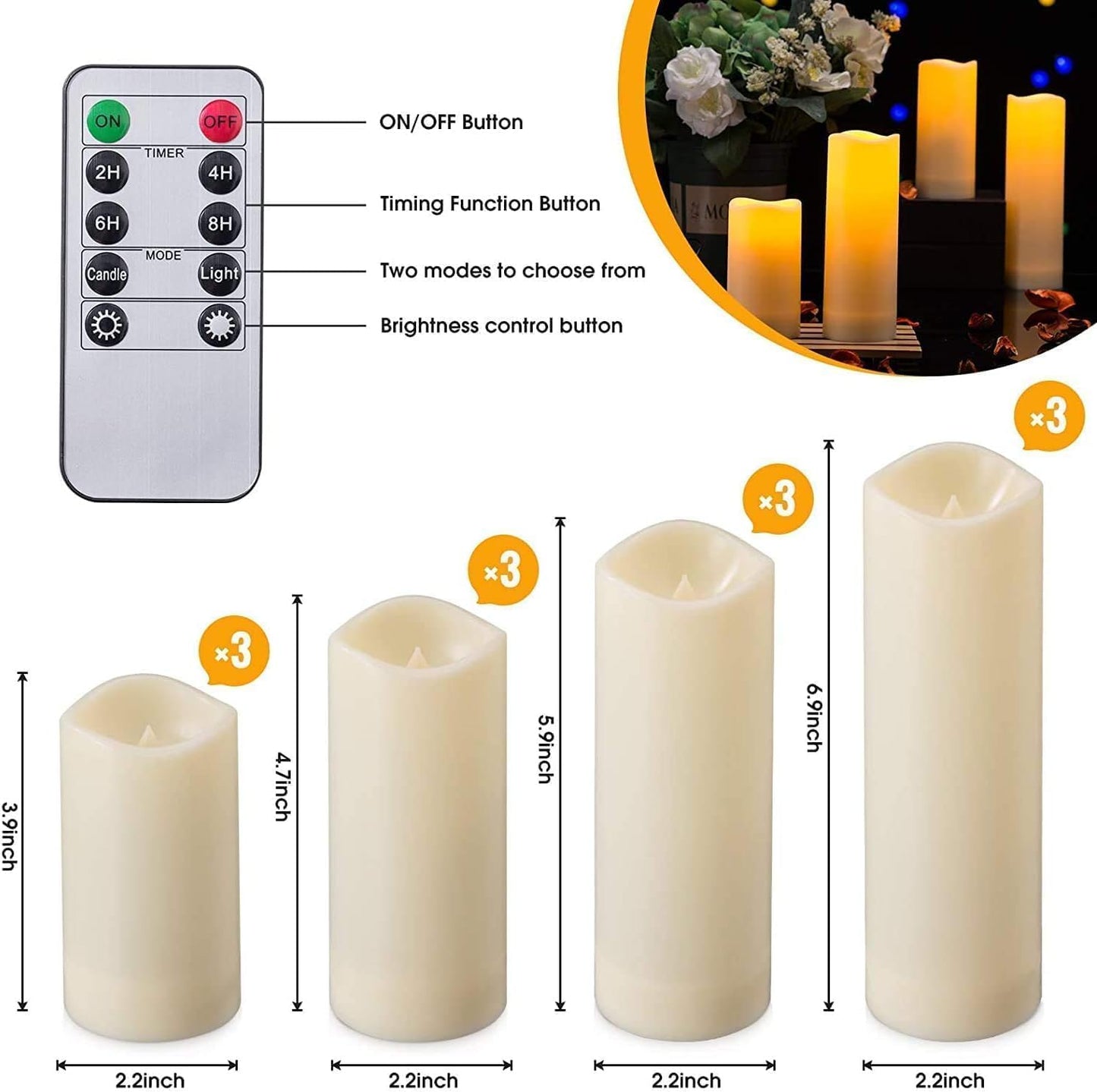Flameless Candles with Remote Control Waterproof Outdoors & Indoors, Battery Candles with Remote Timer, Decorative Remote Led Candles. (D 2.2''X H 4'' 5'' 6'' 7'') -12-Pack.
