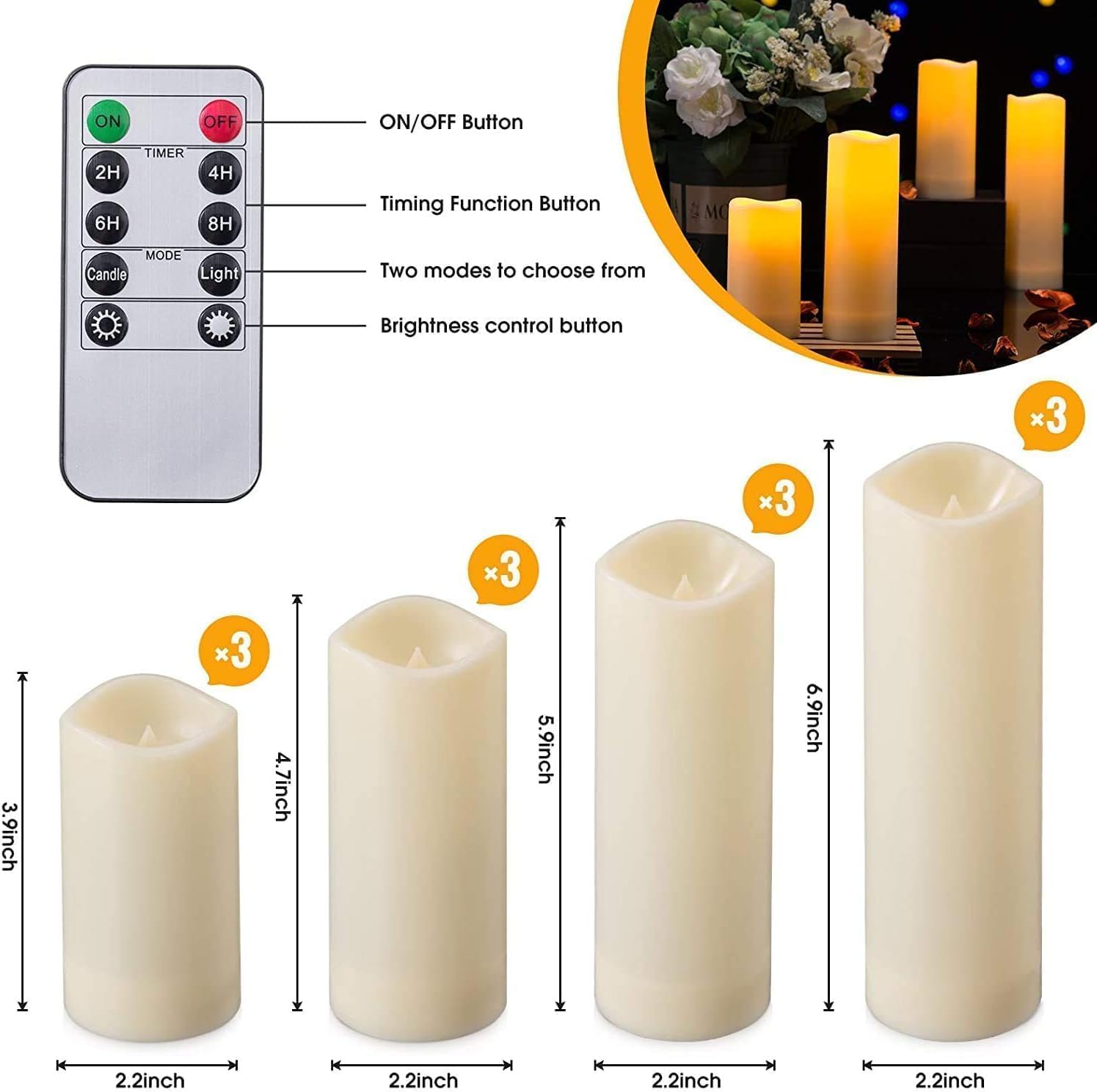 Flameless Candles with Remote Control Waterproof Outdoors & Indoors, Battery Candles with Remote Timer, Decorative Remote Led Candles. (D 2.2''X H 4'' 5'' 6'' 7'') -12-Pack.