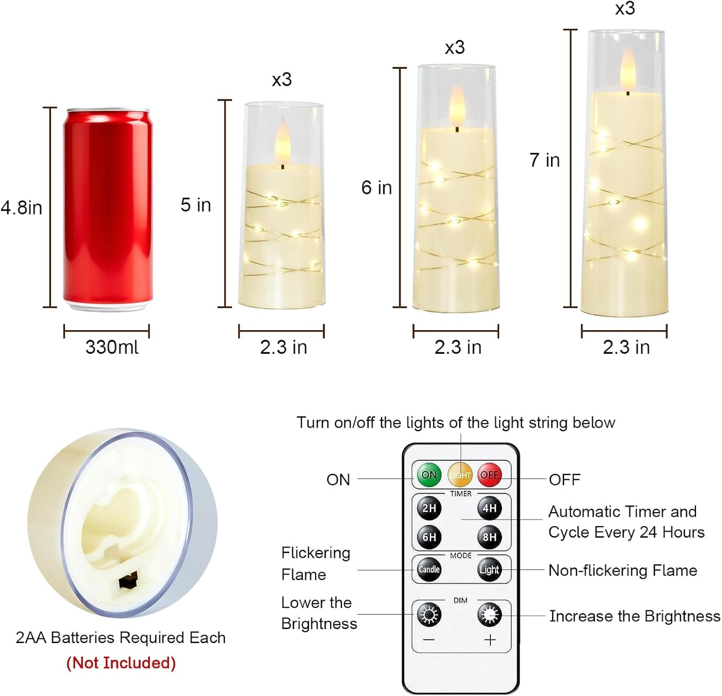 Raycare Flameless Candle with Remote Timer – 9 Flickering Acrylic Battery Operated LED Pillar Candles with Embedded Star String for Christmas, Wedding, Home Decor, and as a Gift (Ivory White)