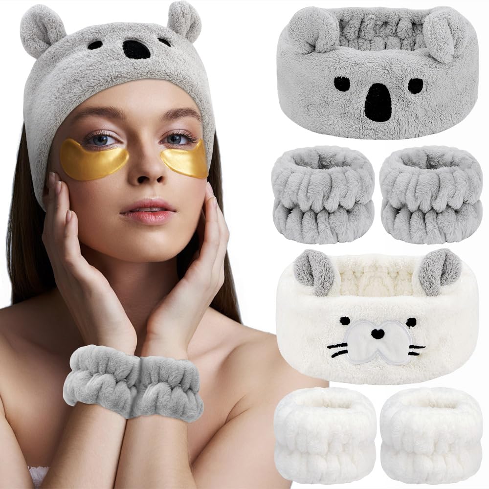 AHONEY Face Wash Headband and Wristband Set, Cute Makeup Spa Skincare Headbands Wrist Bands for Washing Face Headband for Women Girls Elastic Animal Hair Band (White&Grey)