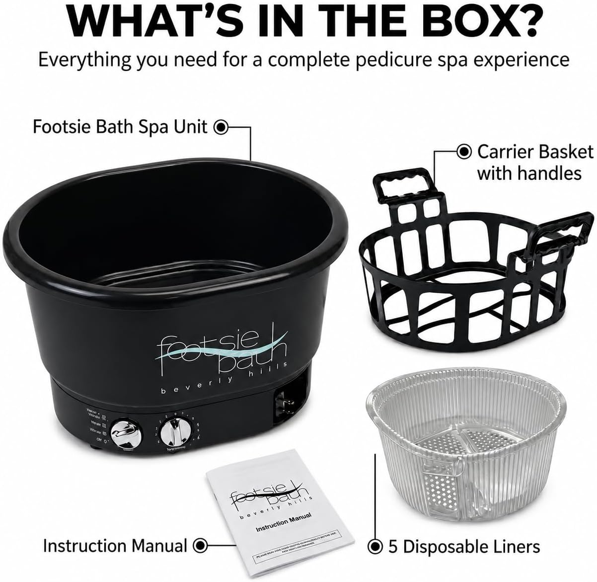 Footsie Bath™ Beverly Hills Professional Pedicure Foot Spa with Disposable Liners – Ultra-Sonic Vibration, Variable Temperature Thermostat & 30-Min Timer – 5 Liners & Carrier Basket Included