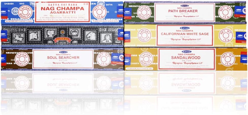 Satya - Set of 6 - Nag Champa, Super Hit,Path Breaker,Soul Searcher, Sandalwood, Californian White Sage 15 Grams