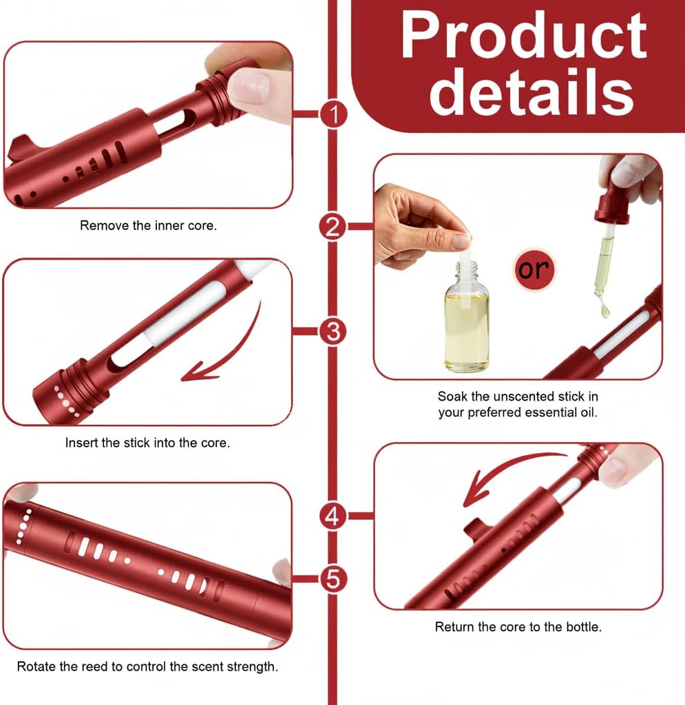2 Pack Car Essential Oil Diffuser Vent Clip, Aluminum Essential Oil Car Diffuser Kit with 12 Pcs Odorless Sticks, Vent Clip for Cars, Office, Kitchen (Red, 2 Pcs)