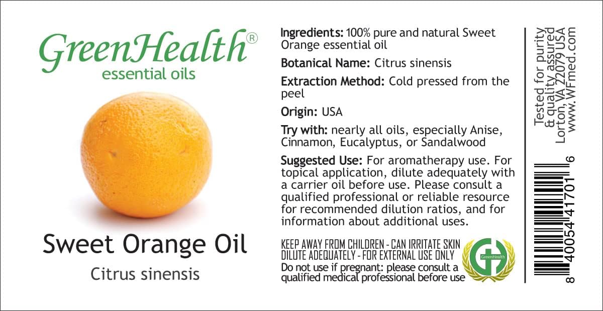 Sweet Orange – 1 fl oz (30 ml) Glass Bottle w/Euro Dropper – 100% Pure Essential Oil – GreenHealth