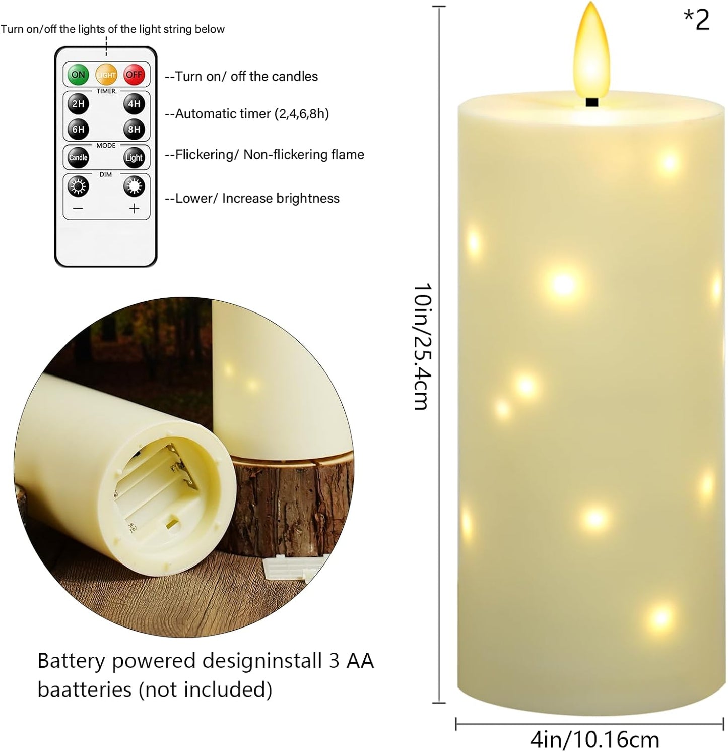 Sasigeiaa Waterproof Outdoor Candles with Timer & Remote - Battery Operated LED Candles, Realistic Flameless Plastic Pillar, Pack of 2 (4" D x 10" H, Ivory) for Patio, Garden Camping Rainy Weather