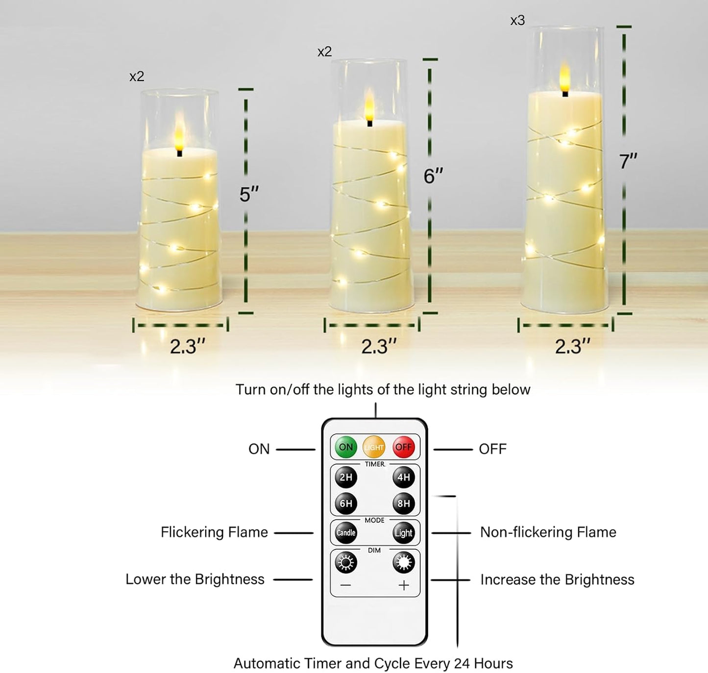 Eebuss Flameless Candles with Embedded Star String, Battery Operated LED Pillar Candles with Timer and Remote Control,Home Decorating for Ambiance， Set of 7(Ivory)