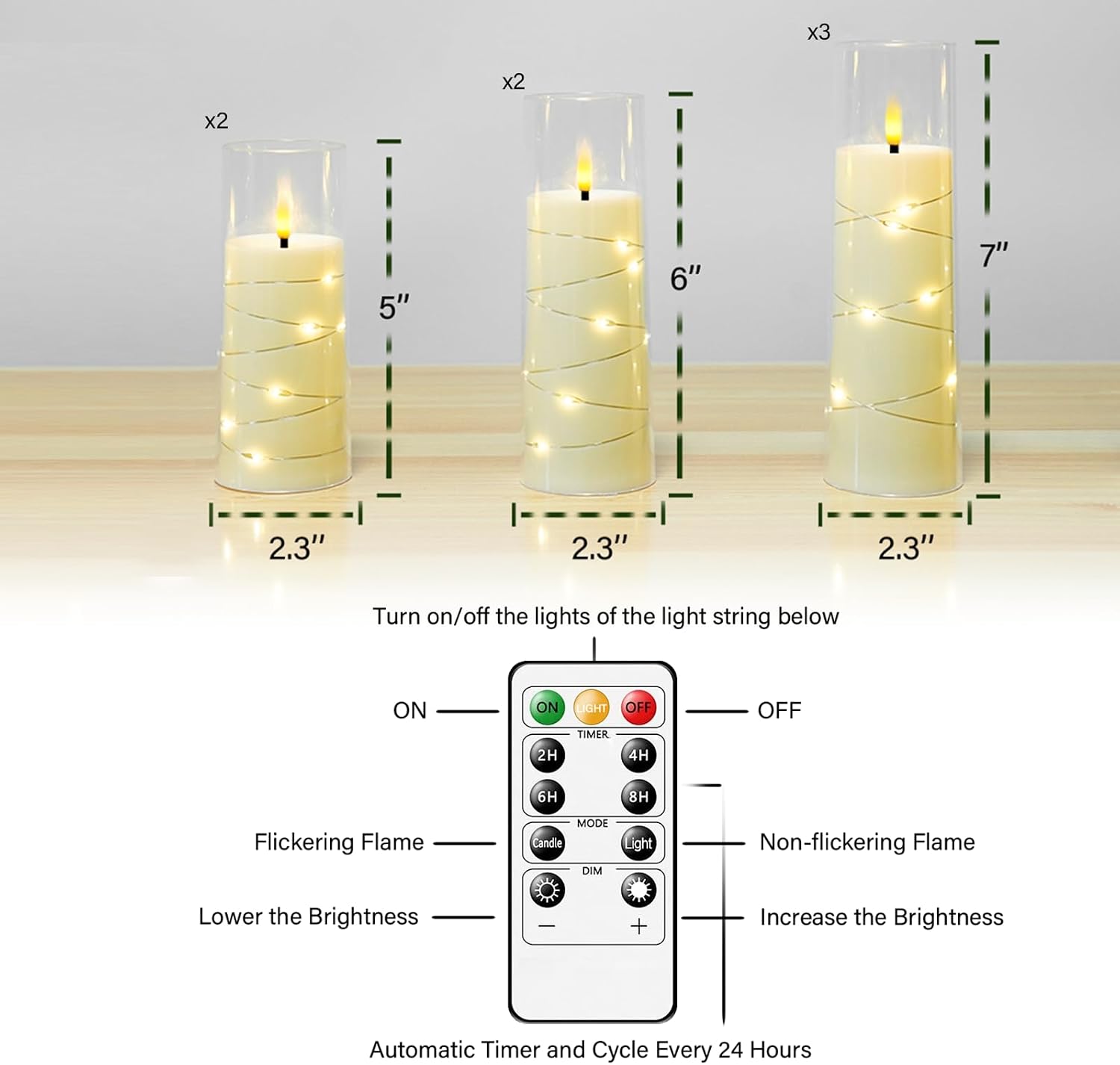 Eebuss Flameless Candles with Embedded Star String, Battery Operated LED Pillar Candles with Timer and Remote Control,Home Decorating for Ambiance， Set of 7(Ivory)
