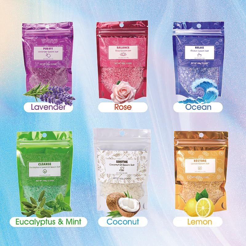 Natural Bath Salt Gift Set- Relaxing Aromatherapy Spa Set for Women, Sea Salt, Essential Oils,100g Spa Gift for Mother's Day Birthday with Natural Sea Salts(Pack of 6)