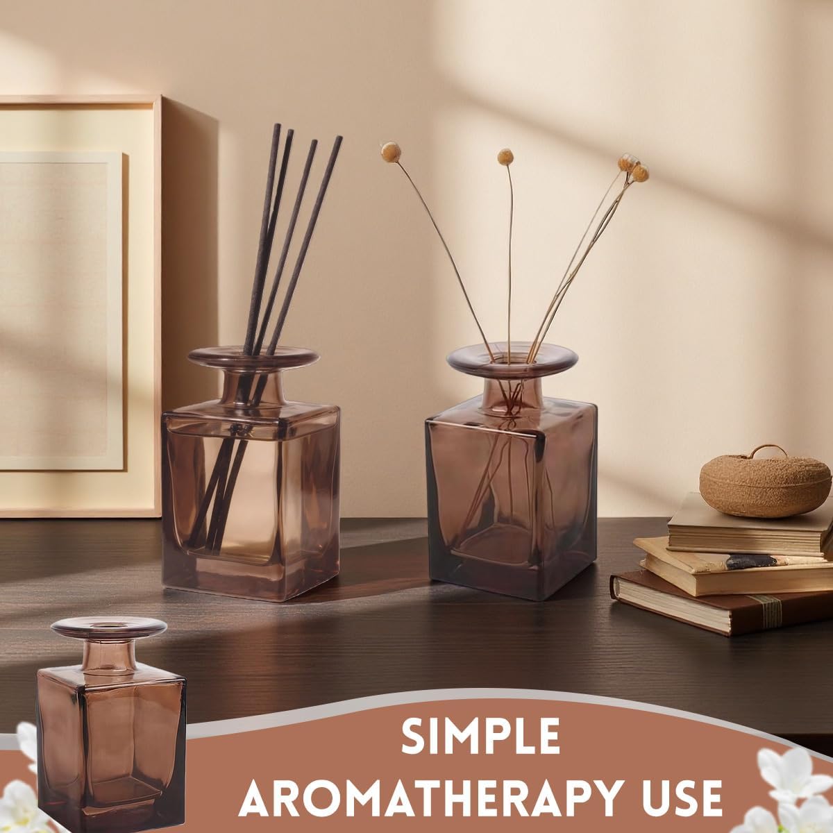 150ML/5OZ Square Glass Diffuser Bottles Empty Decorative Bottle Refillable Aromatherapy Container Fragrance Accessories for Home and Office(Brown)
