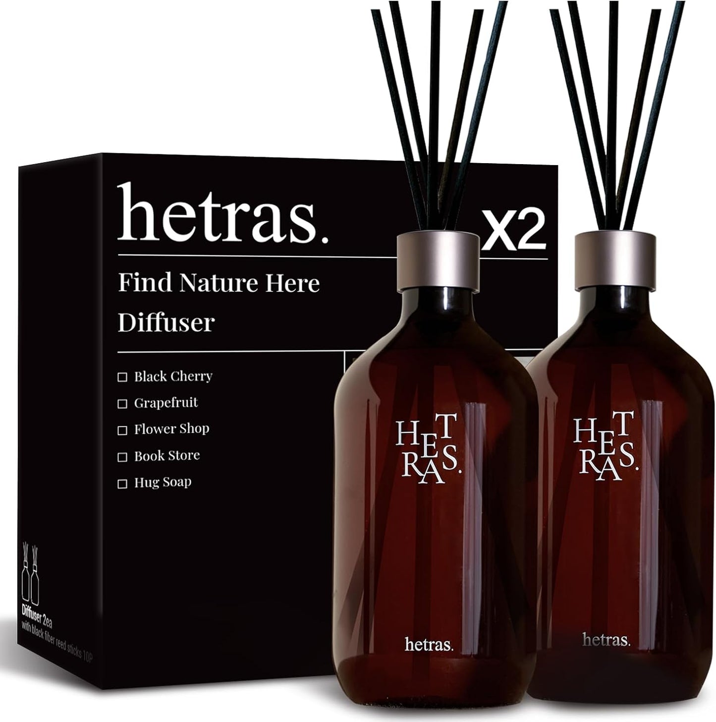 hetras Premium Reed Diffuser Set (Pure Laundry Scent)–Large Capacity Value 2-Pack | 16.9 fl.oz (500ml) x 2 Bottles with 10 Reed Sticks Total | Fresh Cotton & Musk Linen Aroma | Luxury Decor & Gift