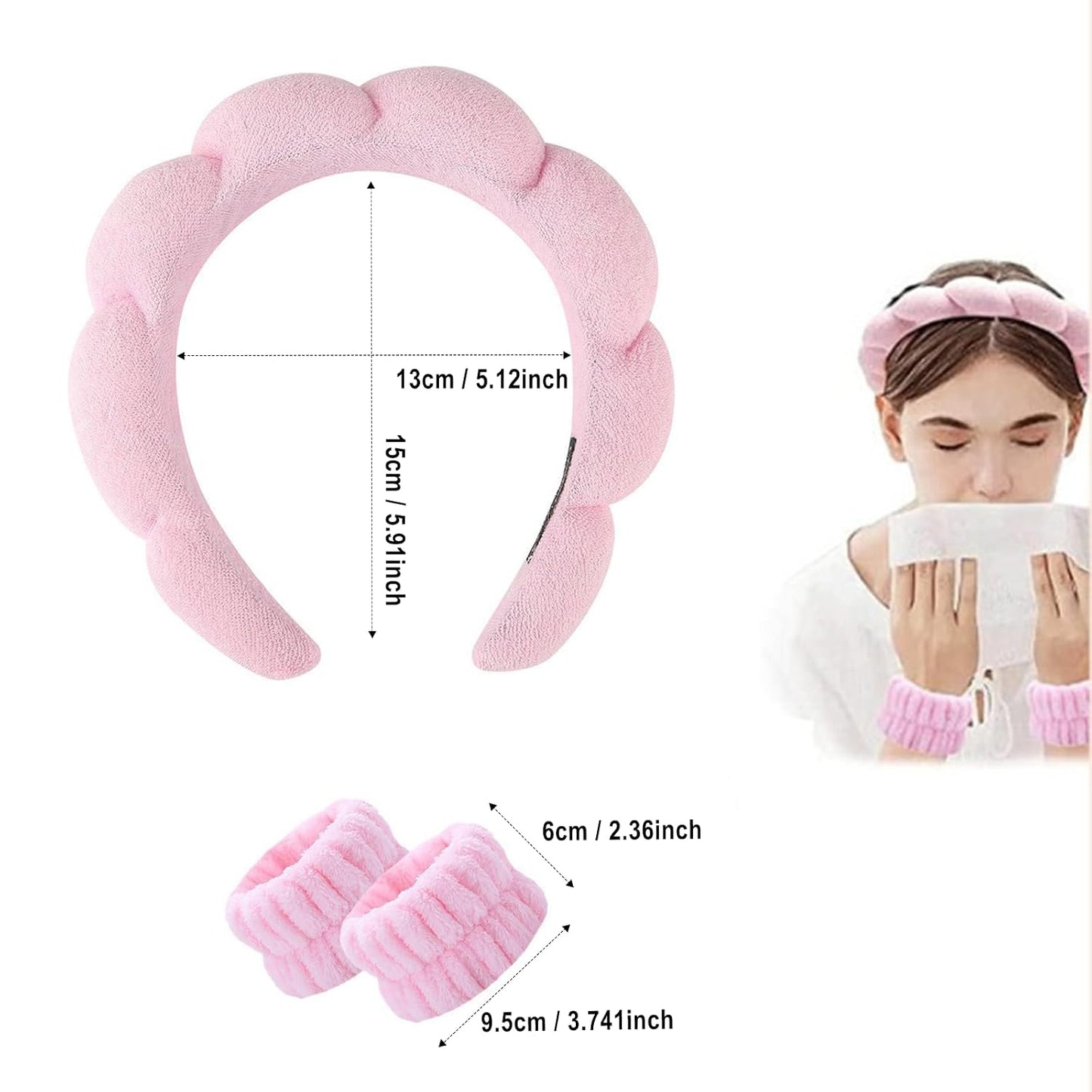 Spa Headband and Wristband Set for Women,Terry Cloth Sponge Headband for Washing Face,Makeup,Facial Mask and Skincare (Black, One Size)