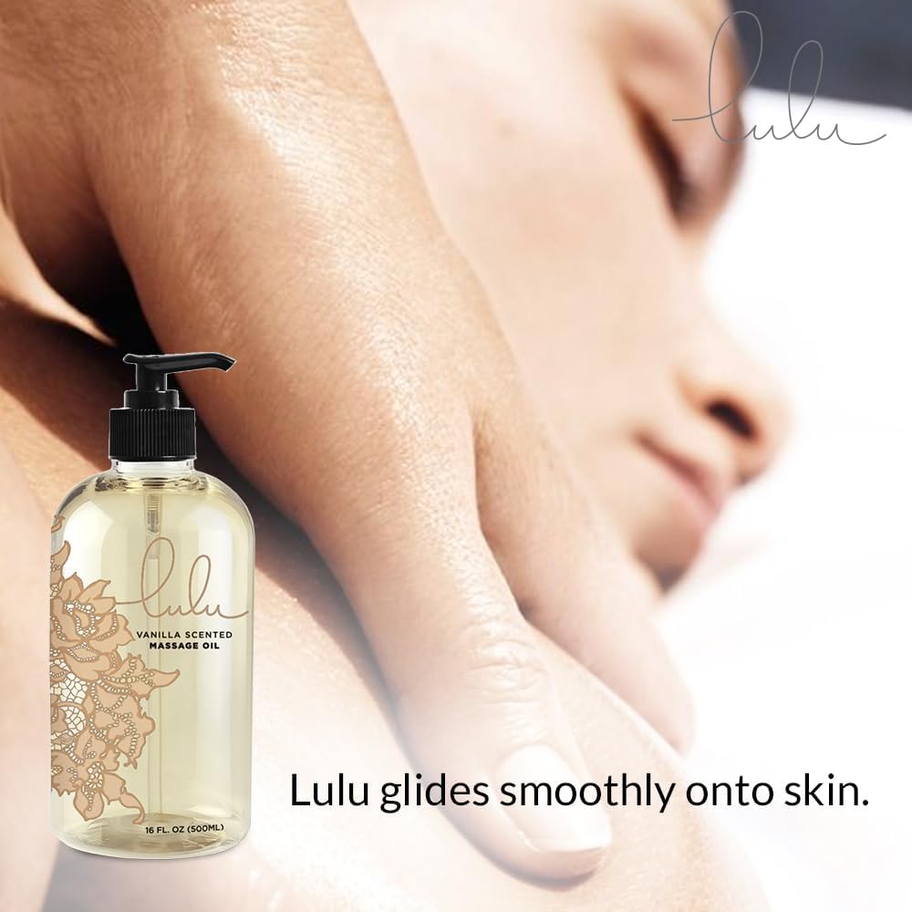 Lulu Vanilla Massage Oil with Fractionated Coconut & Cocoa Butter, Deeply Nourishing Non-Greasy Body Oil for Smooth Skin & Relaxation, for Date Night, Couples Massage & Massage Therapy, 16 fl oz Pump