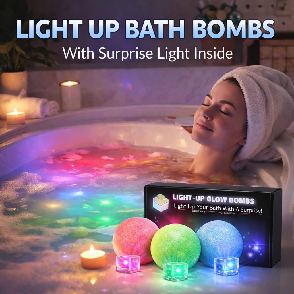 Light Up Glow Bath Bombs with Surprise Inside – Large 3-Pack Gift Set with Essential Oils & Relaxing, Skin-Moisturizing Spa Gifts for Women