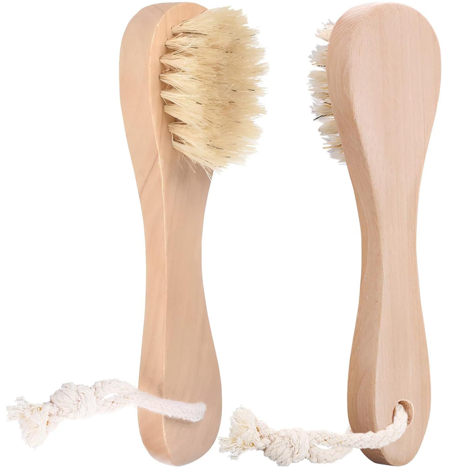 2 Pack Miniature Dry Brush with Hanging Loop - Natural Bristle Small Body Brush for Exfoliating, Facial Cleansing - Soft Skin for Neck, Chest, Nails, and Other Sensitive Areas