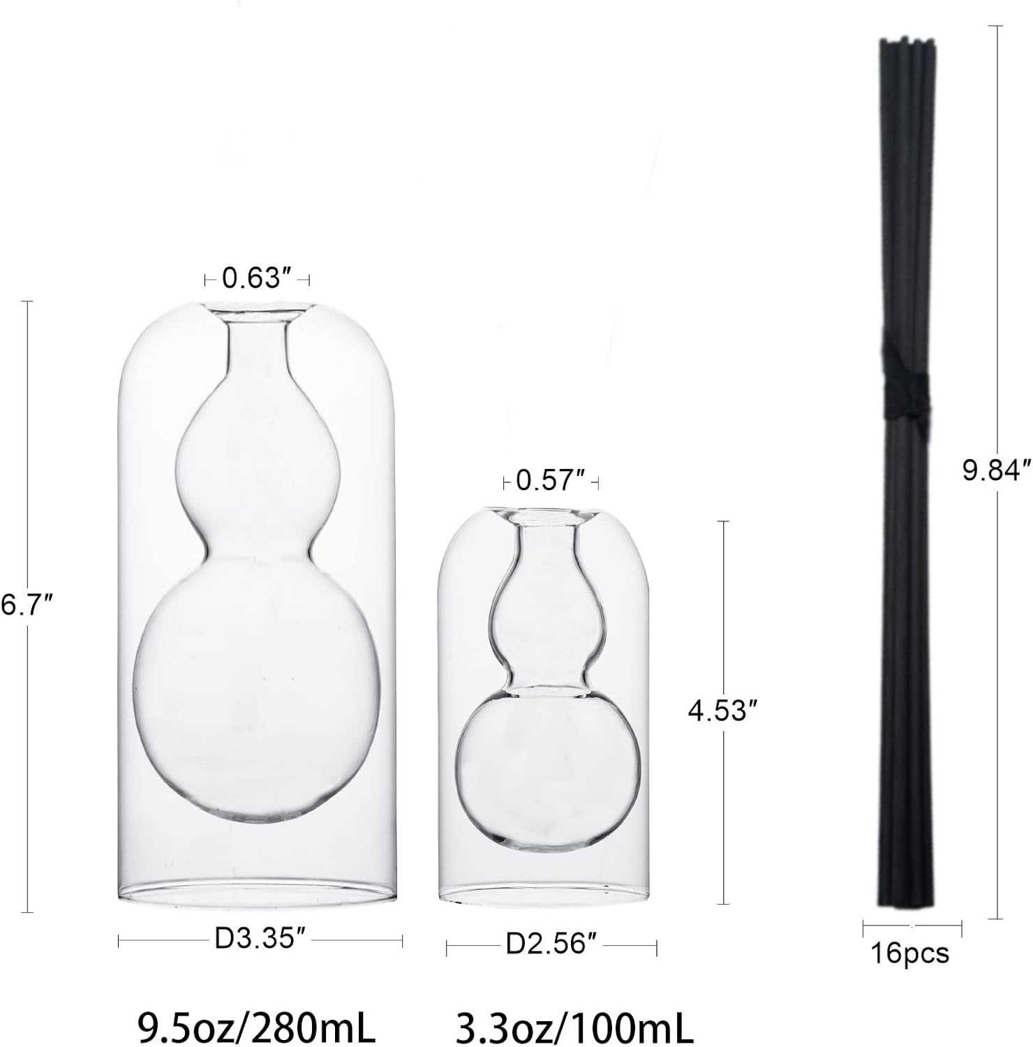 Empty Glass Fragrance Reed Diffuser Bottles,for Essential Oil, with 16pcs Black Reed Sticks,Minimalist Decor,2pcs/Set.