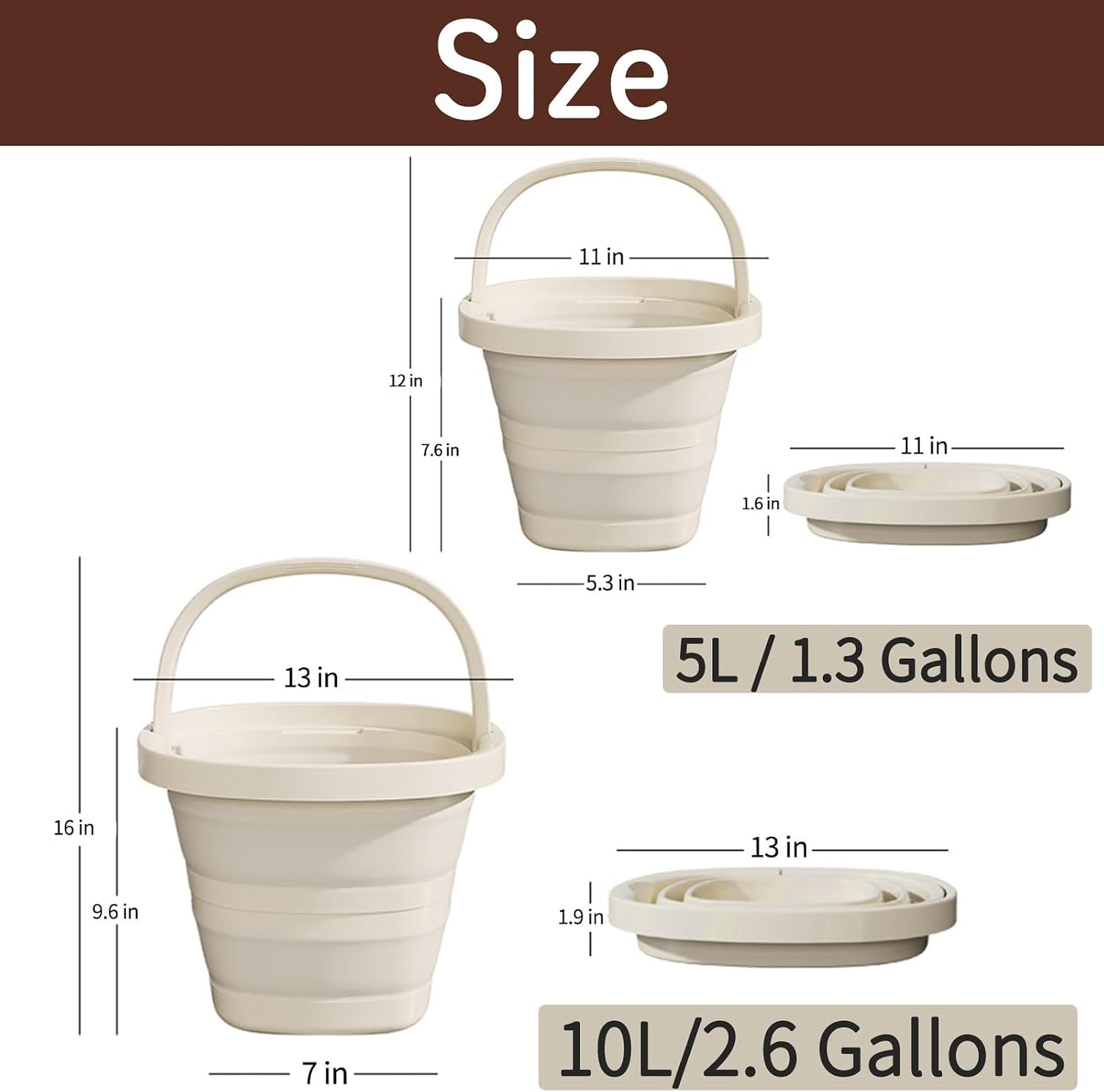 Folding Bucket, Water Bucket, 5L, 10L, Thick, Multi-Functional, Convenient, Foot Bath, Square, Stylish, Camping, Laundry, car wash, Foot Bath, Fishing (Beige-5L)