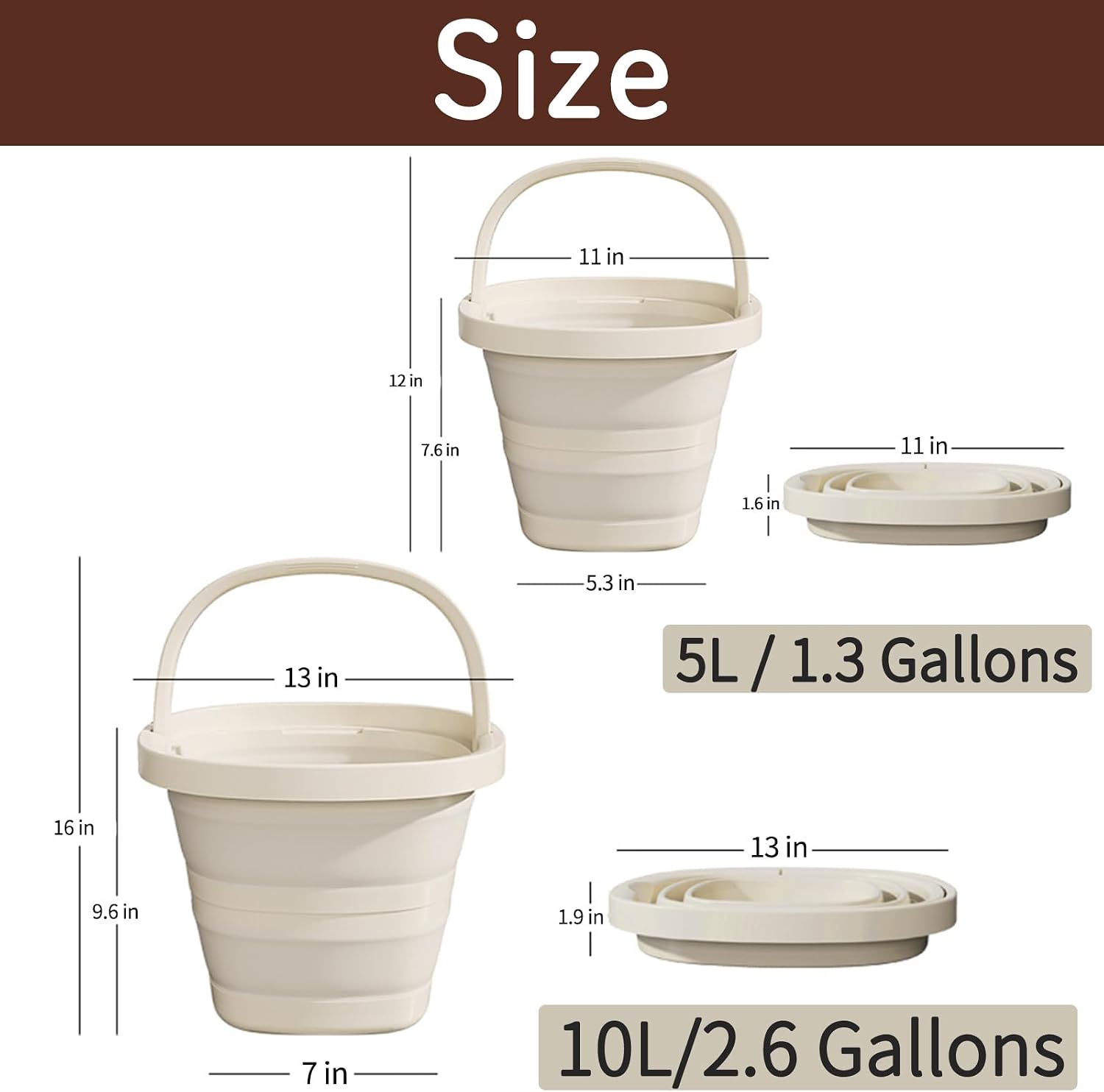 Folding Bucket, Water Bucket, 5L, 10L, Thick, Multi-Functional, Convenient, Foot Bath, Square, Stylish, Camping, Laundry, car wash, Foot Bath, Fishing (Beige-5L)