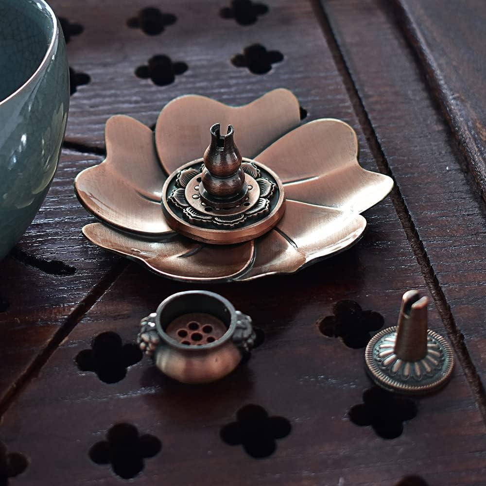 Sakura Flower Incense Holder, 5Pcs Red Bronze Incense Burner Holder with Silk Pouch, Bowl-Shape, Lotus Multi-Holes, Cone Shape and Gourd-Shape for Yoga Living Room Bedroom Home Fragrance