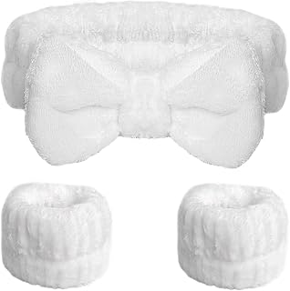 WSYUB Spa Headband and Wristband Set, Face Wash Headband, Makeup Skincare Headbands Wrist Bands for Washing Face, White