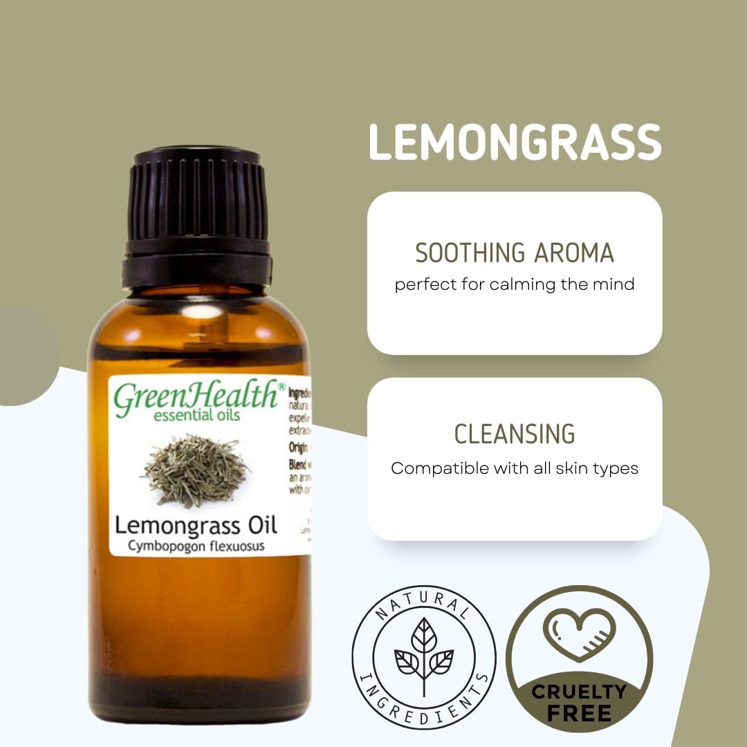 GreenHealth Lemongrass - 1/2 fl oz (15 ml) Glass Bottle - 100% Pure Essential Oil