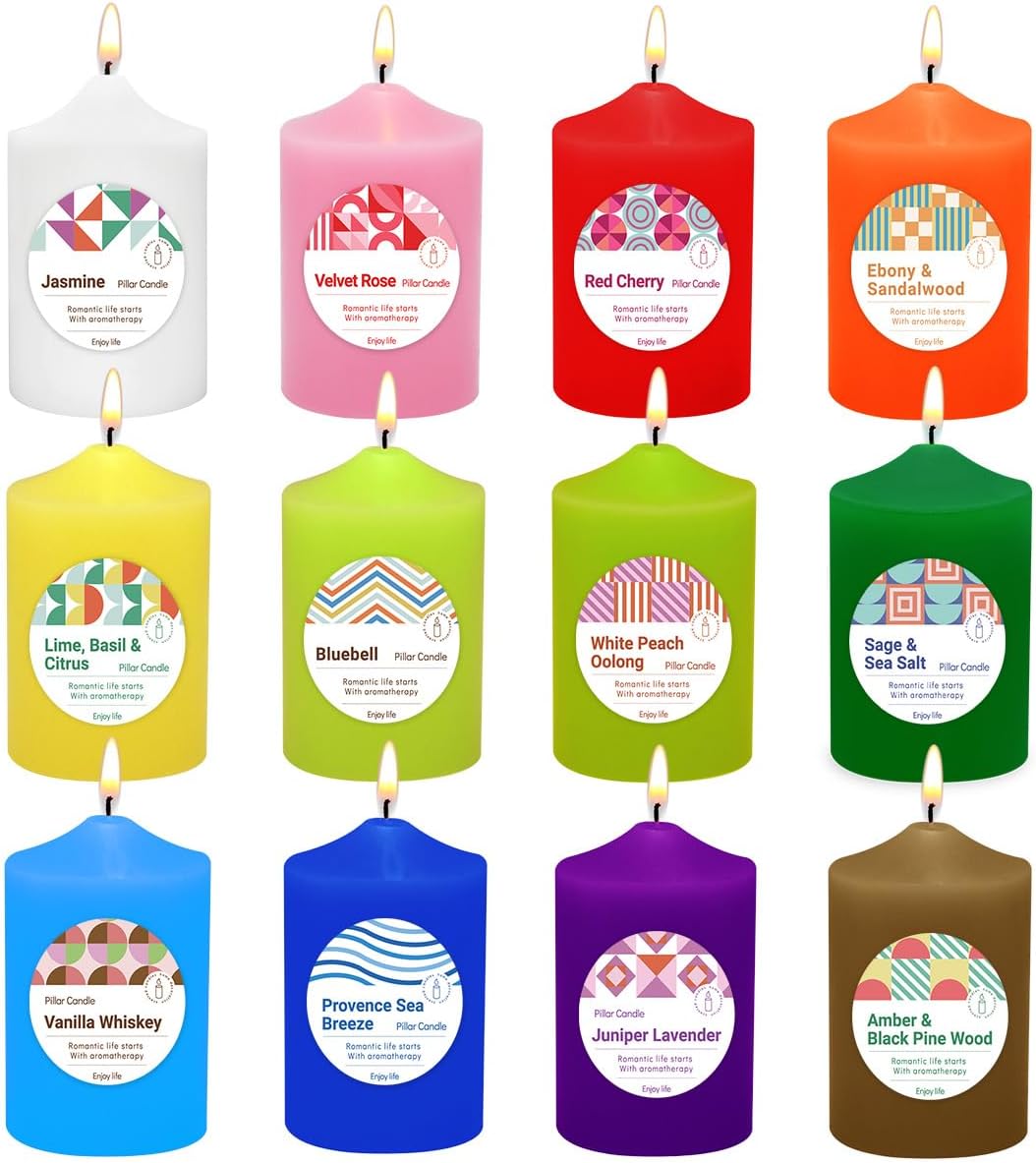 Home Scented Color Pillar Candles Set of12-2x3 inch - Dripless and Smokeless Large Pillar Candles, 20-Hours Long Burning Time Paraffin Candle for Dinner Table, Christmas and Home Deco