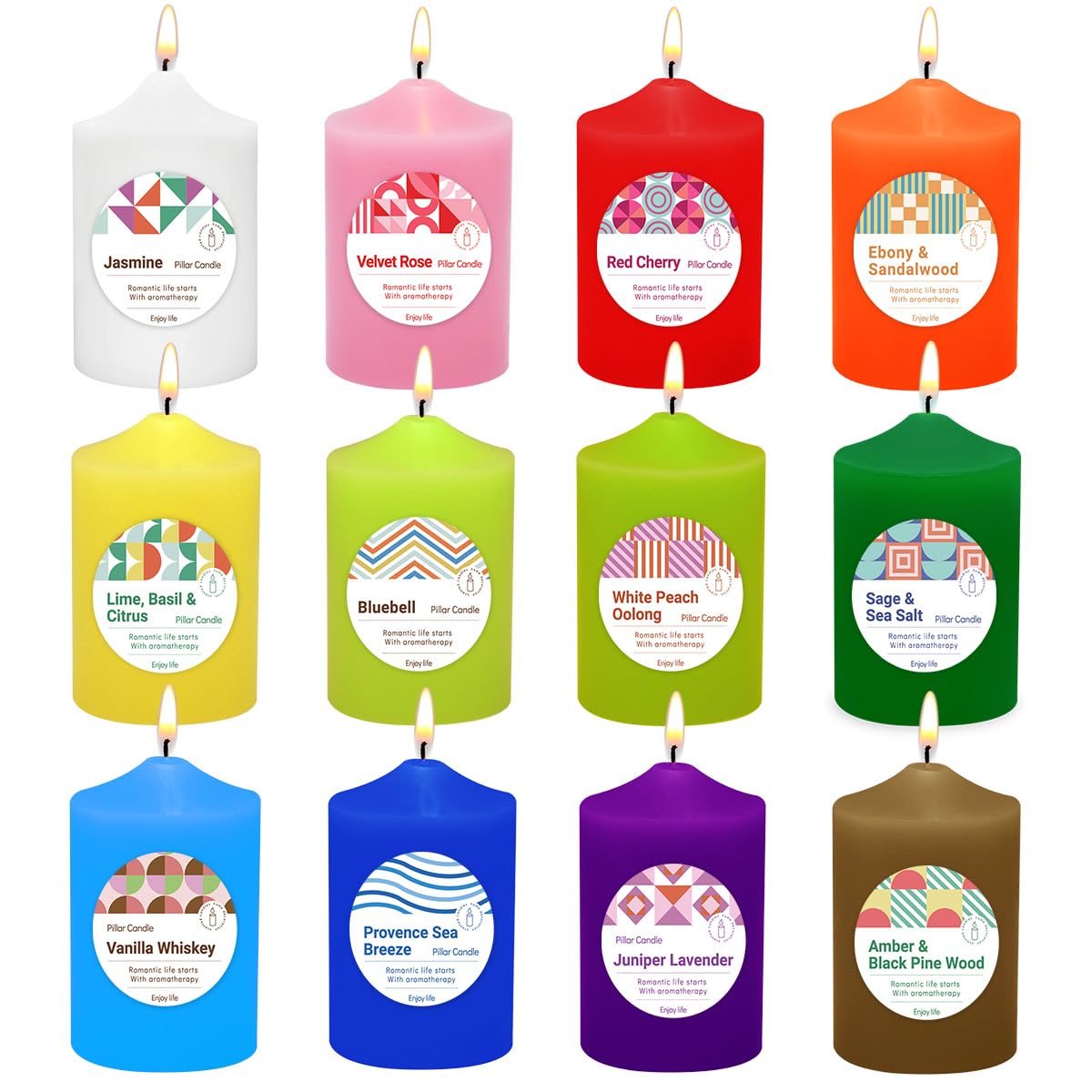 Home Scented Color Pillar Candles Set of12-2x3 inch - Dripless and Smokeless Large Pillar Candles