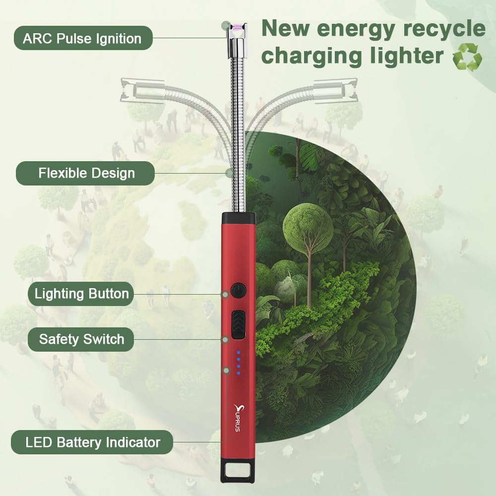 SUPRUS Rechargeable Candle Lighter Electric Arc Triple Safety Long Lighter Stainless Steel Shell & Hanging Hook (Red)
