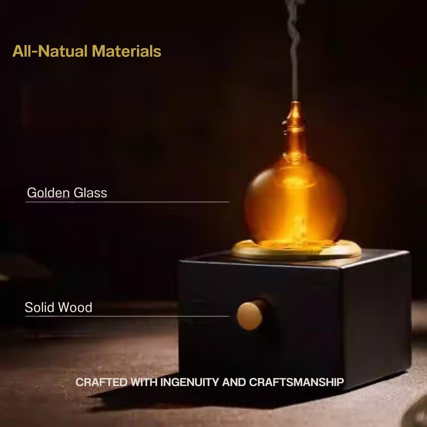 Cordless Aroma Oil Nebulizer - Waterless Diffuser for Essential Oil with Glass & Wood, Rechargeable Portable Nebulizing Machine, Battery Operated up to 40h - Gold & Fire Original Design