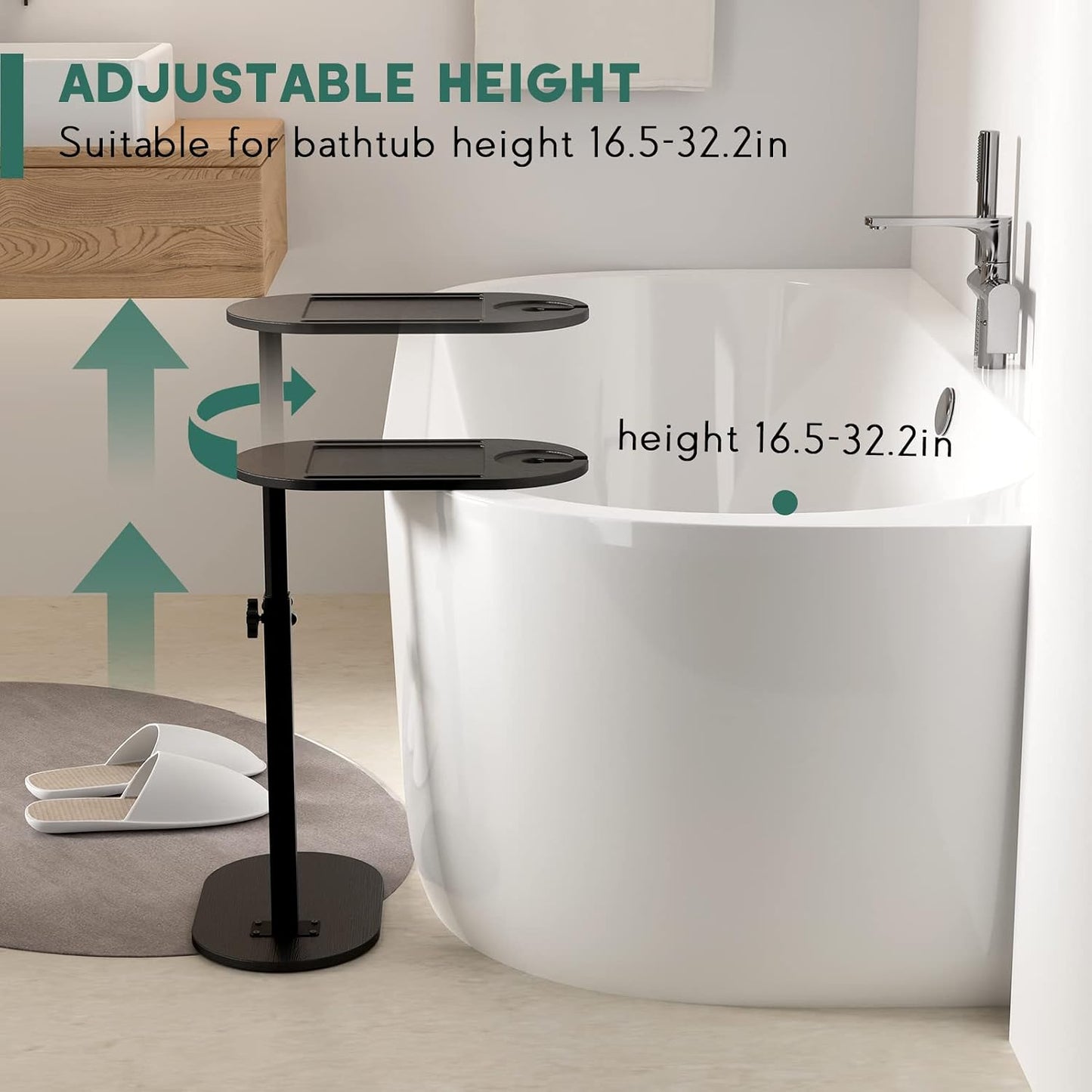 Yumkfoi Bamboo Bathtub Tray Table with Adjustable Height, Freestanding Bathtub Caddy for Tub Against Wall, Tub Organizer Suitable for Luxury Spa and House Warming - Patent Protected (Black)