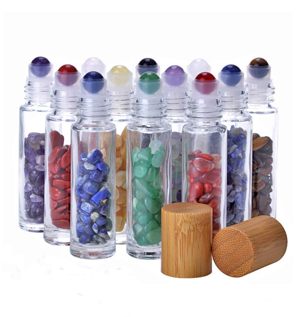 5 Pack 10ml Clear Roll On Bottles With Natural Chakra Crystal Chips for Essential Oils,Perfume Glass Roller Bottles Container Bamboo Lid,Crystal Roller,Pipette&Opener Included (Rose Quartz)