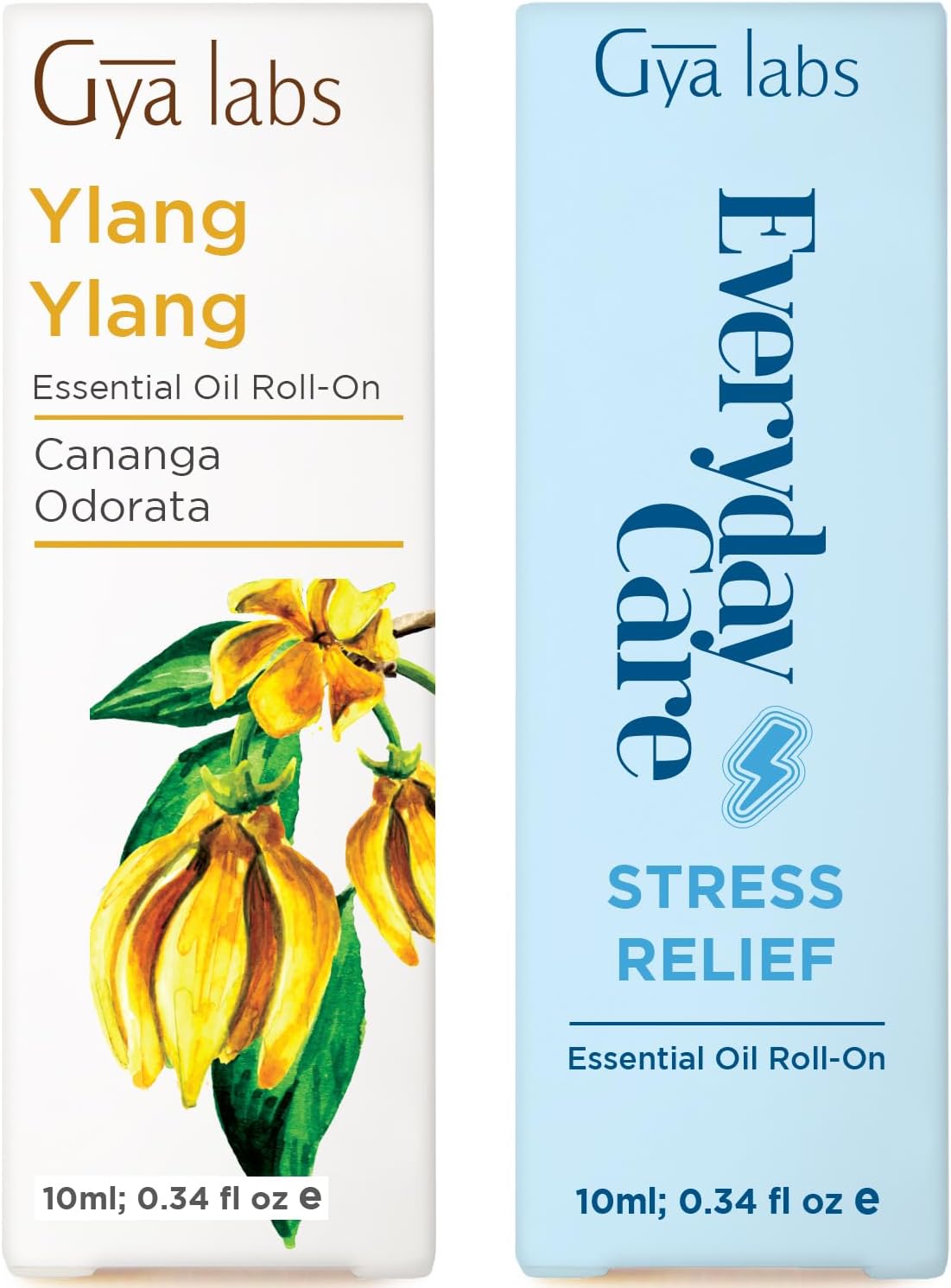 Ylang Ylang & Stress Relief Roll On Set - Aromatherapy Grade Essential Oils Set - 2x0.34 fl oz - Gya Labs