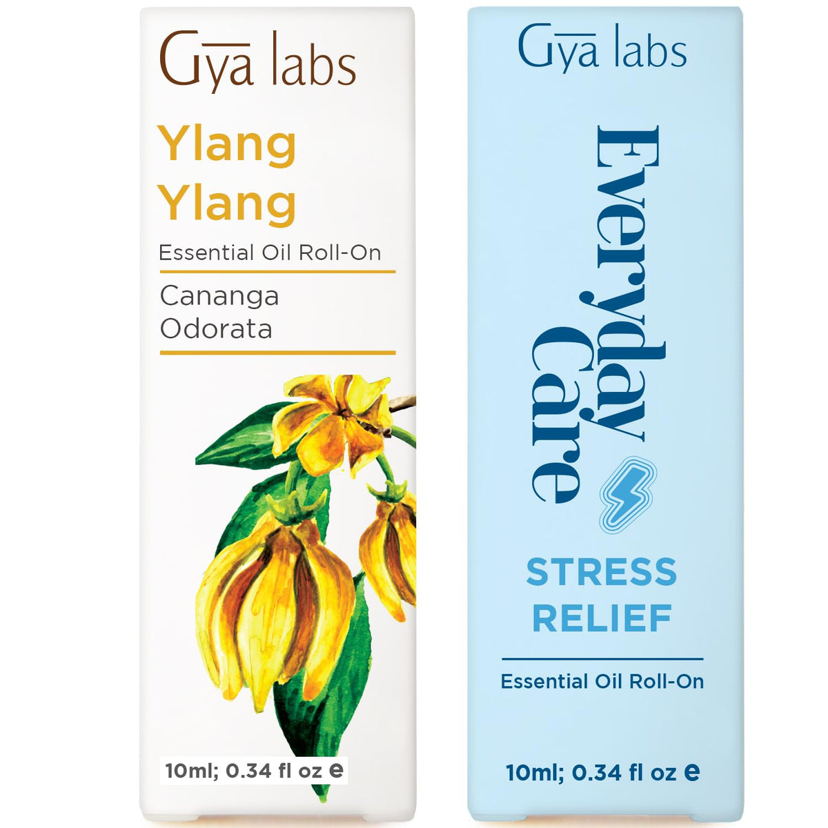 Ylang Ylang & Stress Relief Roll On Set - Aromatherapy Grade Essential Oils Set - 2x0.34 fl oz - Gya Labs